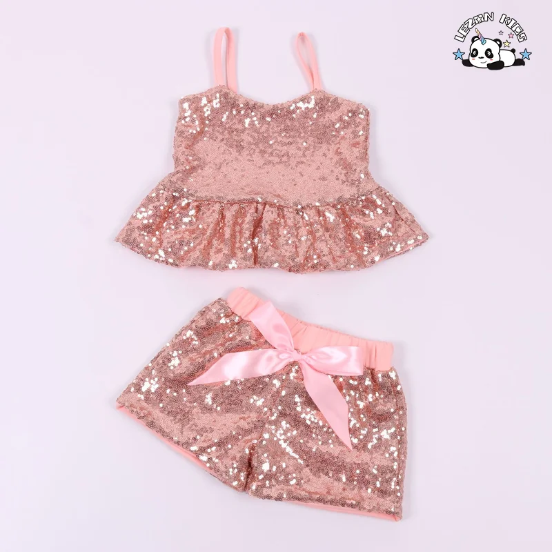 LEZONKIDS - Custom Logo Summer Girls Casual Cotton Suspender Vest Sequins Top Shorts Suit